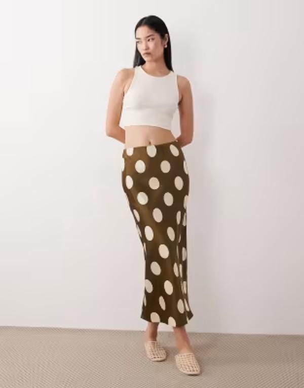 ウェンズデーガール レディース ボトムスカート ドット サテン Wednesdays Girl satin bias cut midaxi skirtgreen polka dots Khaki カーキ