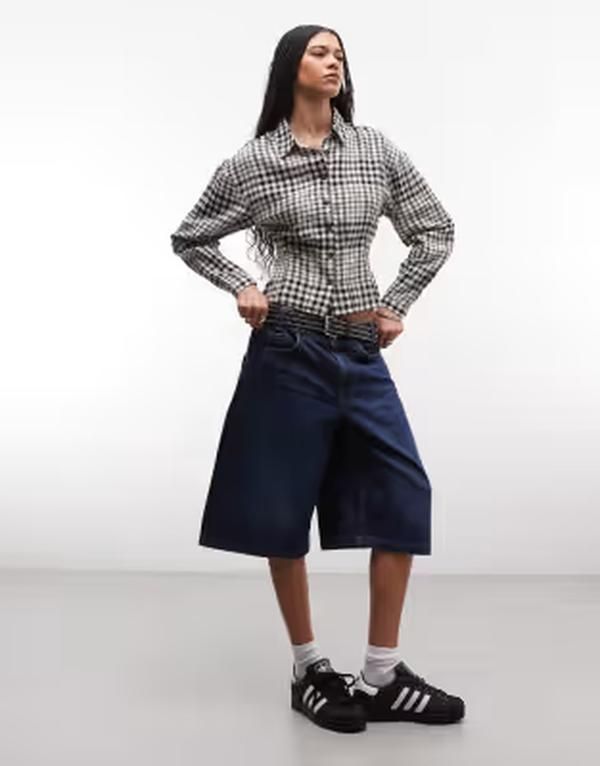 コルージョン レディース トップス シャツ ウエストマーク COLLUSION cinched waist long sleeve shirt and black check Beige check ベージュ