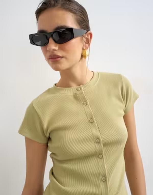 トップショップ レディース トップス Tシャツ Topshop button up short sleeve top Khaki カーキ