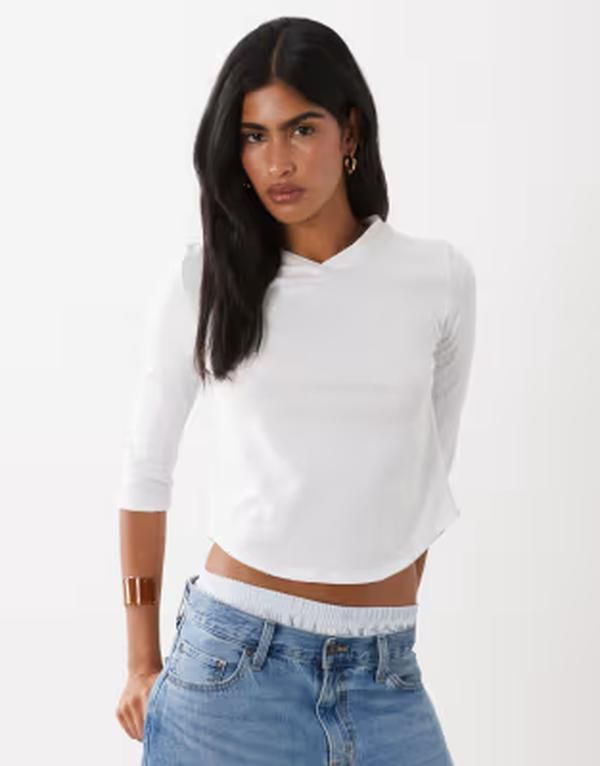 エイソス レディース トップス Tシャツ Vネック ASOS DESIGN high vneck 34 sleeve top WHITE ホワイト