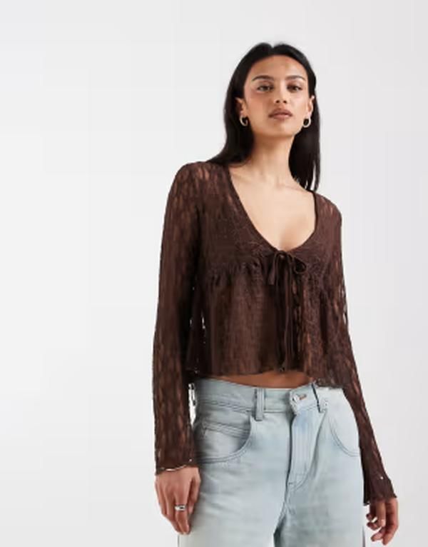 オンリー レディース アウター カーディガン レース ONLY tie front lace cardigan BROWN ブラウン