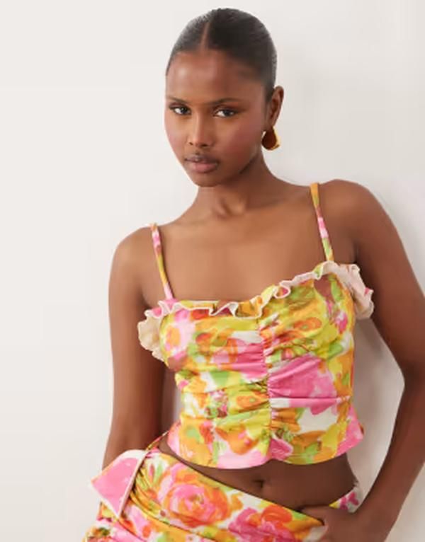 エイソス レディース トップス シャツ クレープ フラワー柄 プリント ギャザー フラワー ASOS DESIGN crepe ruched cami top with neck frill in floral print part of a set Flor