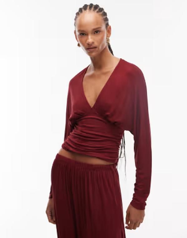 エイソス レディース トップス Tシャツ Vネック ASOS DESIGN slouchy v neck long sleeve with waist detail part of a set Burgundy バーガンディ