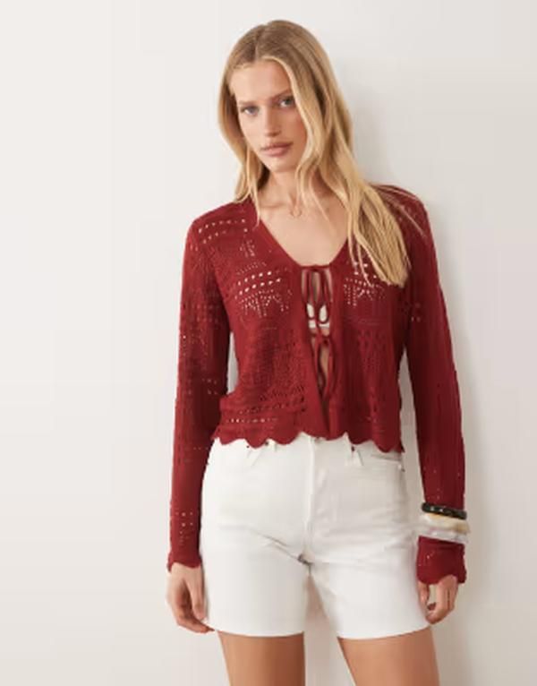 ジェイディーワイ レディース アウター カーディガン JDY tie front crochet cardigan Burgundy バーガンディ