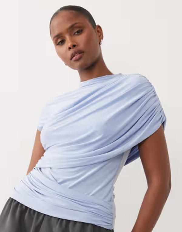 エイソス レディース トップス シャツ ドレープ ギャザー ASOS DESIGN slinky ruchedrape detail top in pastel Blue ブルー