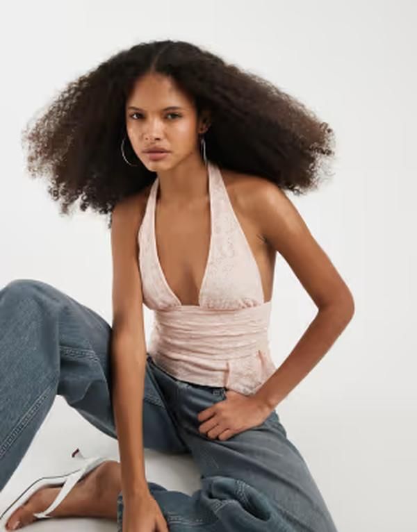 モーテル レディース トップス シャツ レース ホルター Motel Prillace halter top in soft PINK ピンク