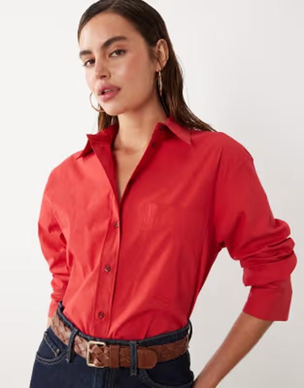 マンゴ レディース トップス シャツ コットン Mango starring Hailey Bieber cotton rich oversized shirt in bright RED レッド