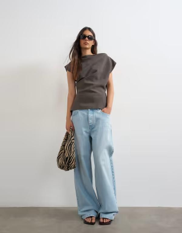 トップショップ レディース トップス シャツ アシンメトリー Topshop asymmetric off the shoulder top in charcoal part of a set CHARCOAL チャコール