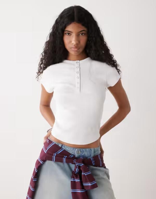 コルージョン レディース トップス シャツ リブ COLLUSION short sleeve ribbed henley top WHITE ホワイト