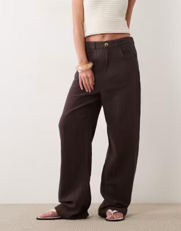 マンゴ レディース ボトムス カジュアルパンツ コットン Mango 100 cotton cheesecloth relaxed pants BROWN ブラウン