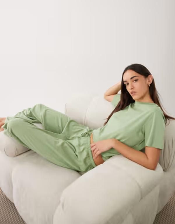 エイソス レディース ボトムス カジュアルパンツ コットン ASOS DESIGN mix match cotton pajama pants in pistachio green グリーン