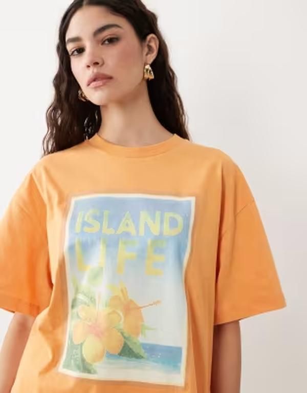 ミスセルフフリッジ レディース トップス シャツ プリント Misselfridge oversized Tshirt with island print in orange オレンジ