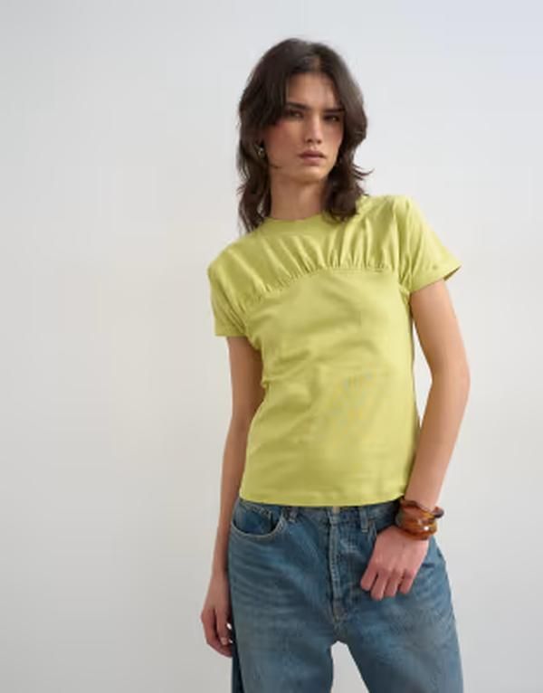トップショップ レディース トップス Tシャツ キャップ Topshop gathered yoke cap sleeve Tshirt in lime ライム