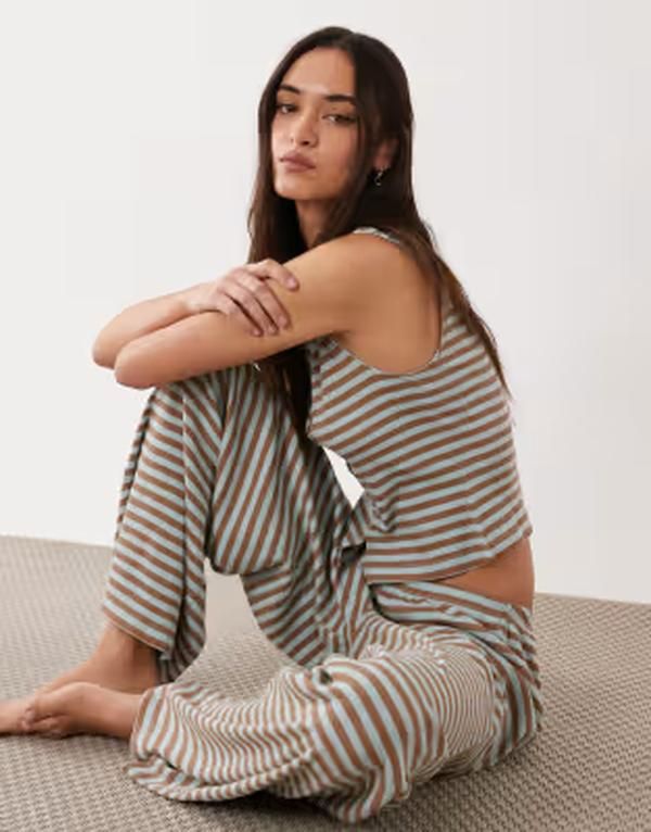 エイソス レディース ボトムス カジュアルパンツ ワイドレッグ ASOS DESIGN mix match wide leg pajama pants in mint camel stripes CAMEL MINT STRIPES ミント