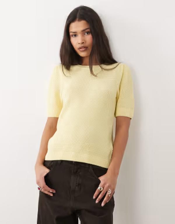 ヴィラ レディース トップス Tシャツ コットン ニット VILA textured cotton knitop in pastel yellow Pastel Yellow イエロー