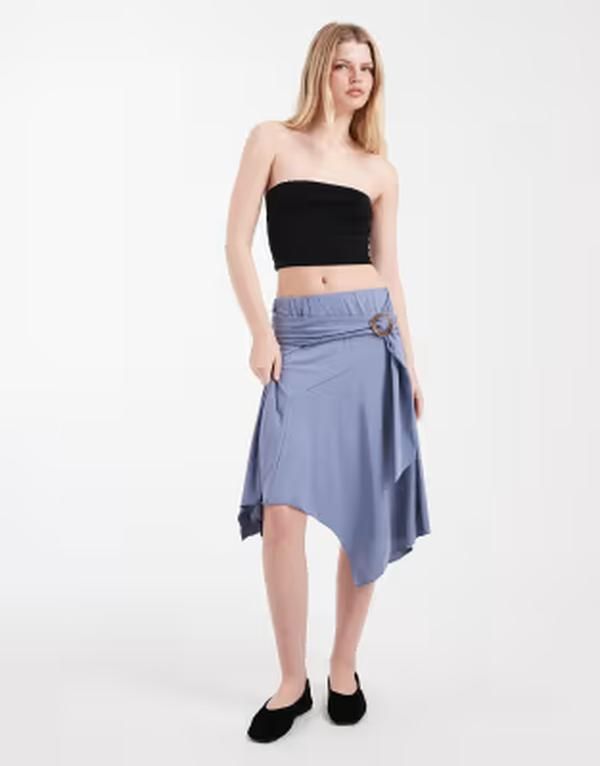コットンオン レディース ボトムスカート ミディ Cotton belted midi skirt in weathered Blue ブルー