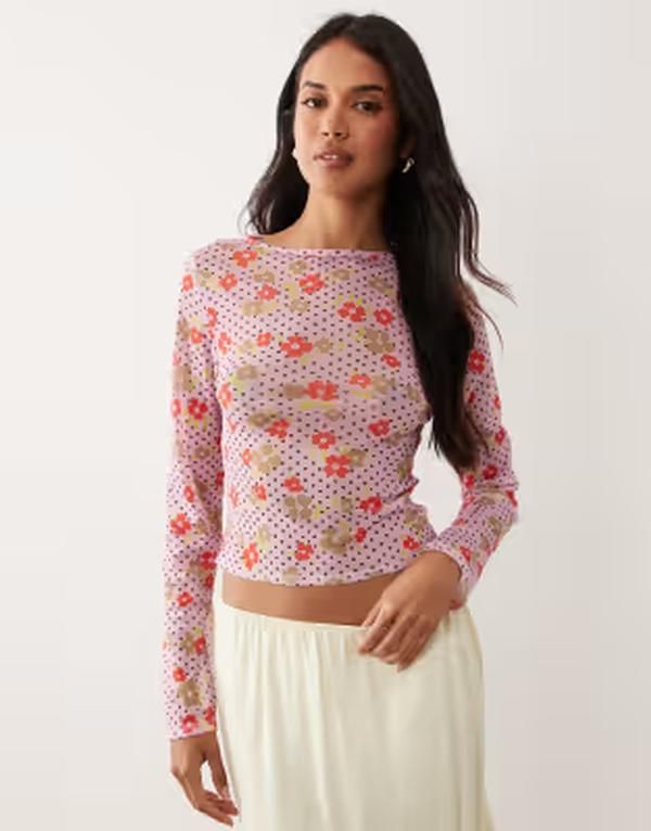 エイソス レディース トップス Tシャツ フラワー柄 プリント メッシュ フラワー ASOS DESIGN printed mesh long sleeve top in ditsy floral Purple floral パープル