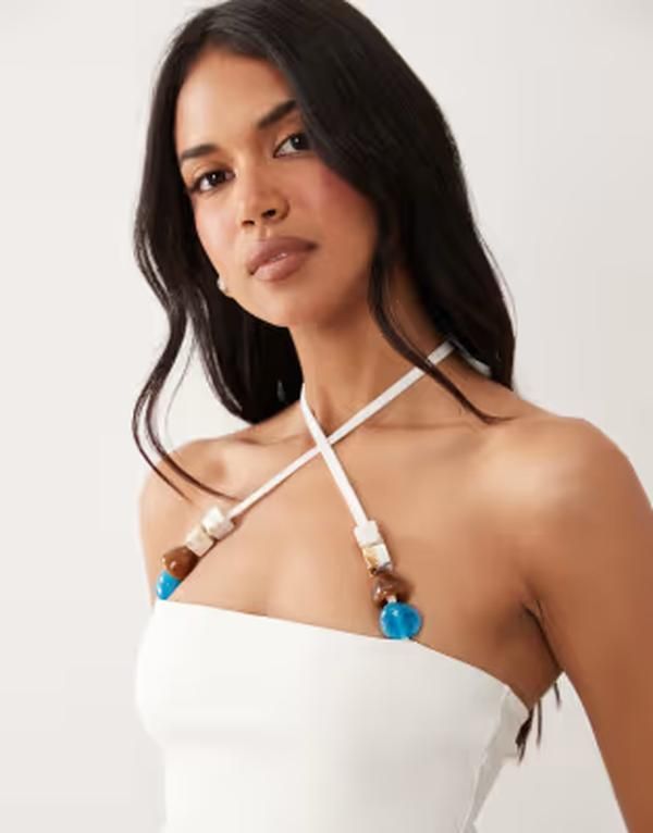エイソス レディース トップス シャツ コットン ホルター ASOS DESIGN compact cotton strappy halterneck top with beadetail in cream クリーム