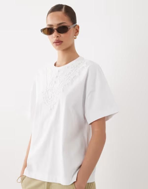ミスセルフフリッジ レディース トップス シャツ レーストリム レース Misselfridge oversized Tshirt with lace trim WHITE ホワイト