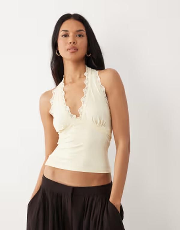 エイソス レディース トップス シャツ レーストリム レース ホルター ASOS DESIGN slinky lace trim halterneck top in buttermilk