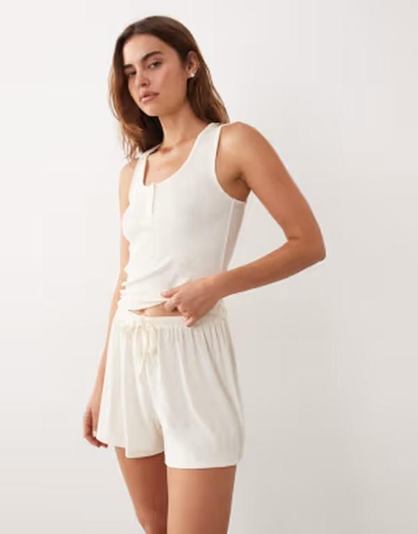 エイソス レディース ボトムス カジュアルパンツ リブ ASOS DESIGN mix match ribbed pajama flippy short IVORY アイボリー