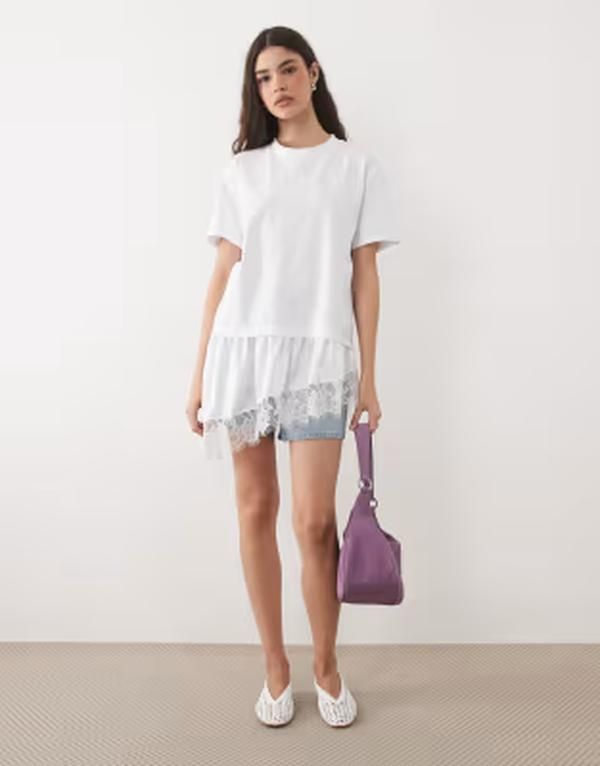 エイソス レディース トップス Tシャツ アシンメトリー サテン レース ASOS DESIGN oversized tshirt with lace and satin asymmetric hem WHITE ホワイト