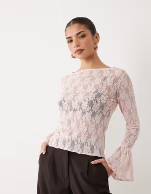 エイソス レディース トップス シャツ シアー レース ASOS DESIGN sheer lace fluted cuff top in pale pink ピンク