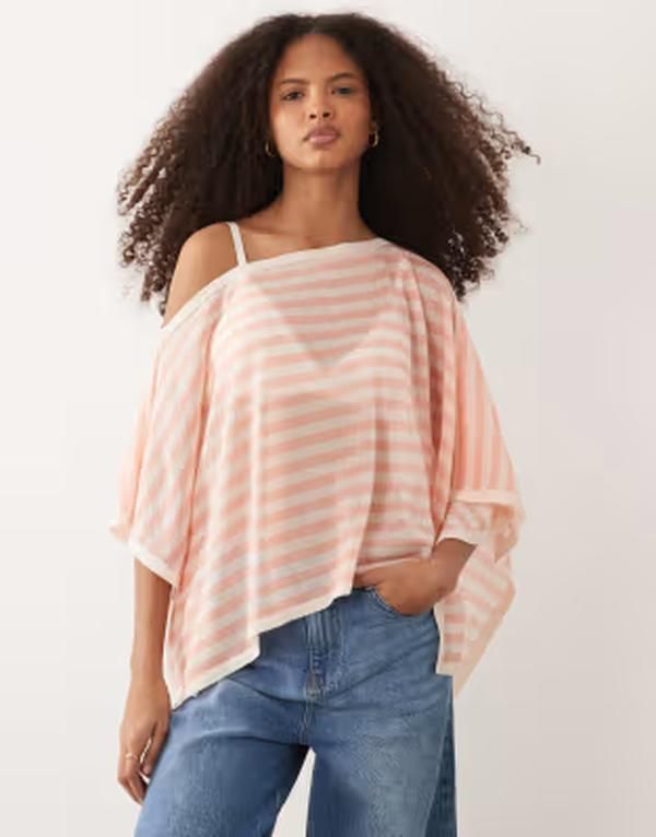 エイソス レディース トップス Tシャツ シアー ニット ASOS DESIGN fine knit sheer poncho in peach stripes Orange stripe オレンジ
