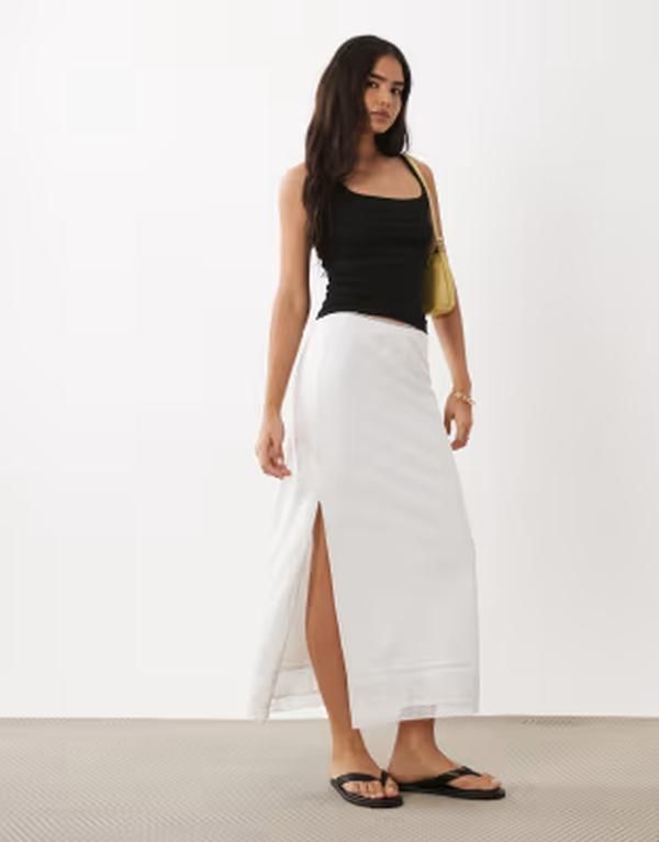 マンゴ レディース ボトムスカート リネン マキシ Mango linen mix maxi skirt WHITE ホワイト
