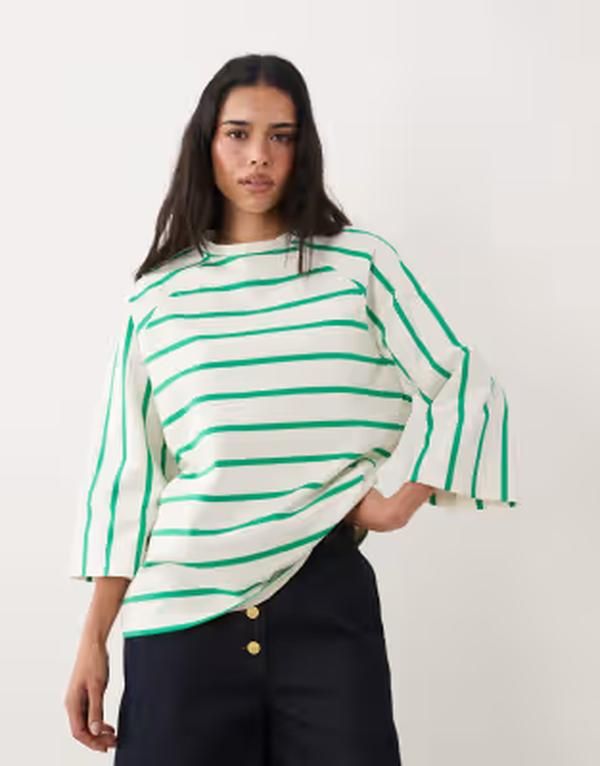 エイソス レディース トップス Tシャツ ASOS DESIGN oversized batwing sleeve top and white stripe Green white stripe ホワイト