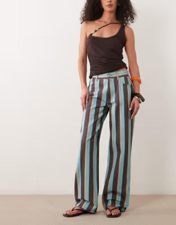 エイソス レディース ボトムス デニムパンツ ジーンズ ASOS DESIGN stripedad jeans Blue and Pink Stripe ブルー