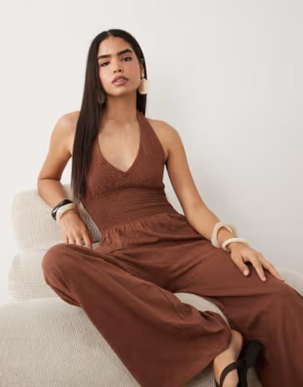 エイソス レディース トップス ジャンプスーツ ASOS DESIGN crochet shirred jumpsuit Chocolate チョコレート