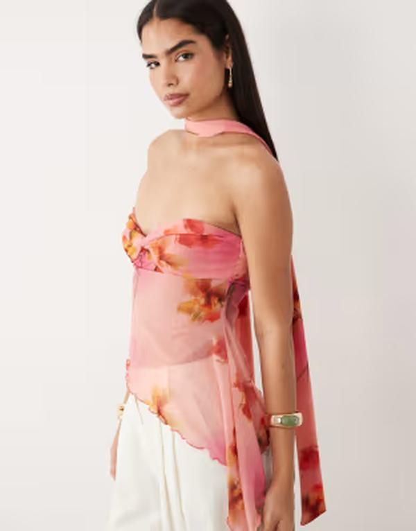 エイソス レディース トップス シャツ アシンメトリー フラワー柄 プリント シアー フラワー ASOS DESIGN sheer twist floral print asymmetric bandeau floral