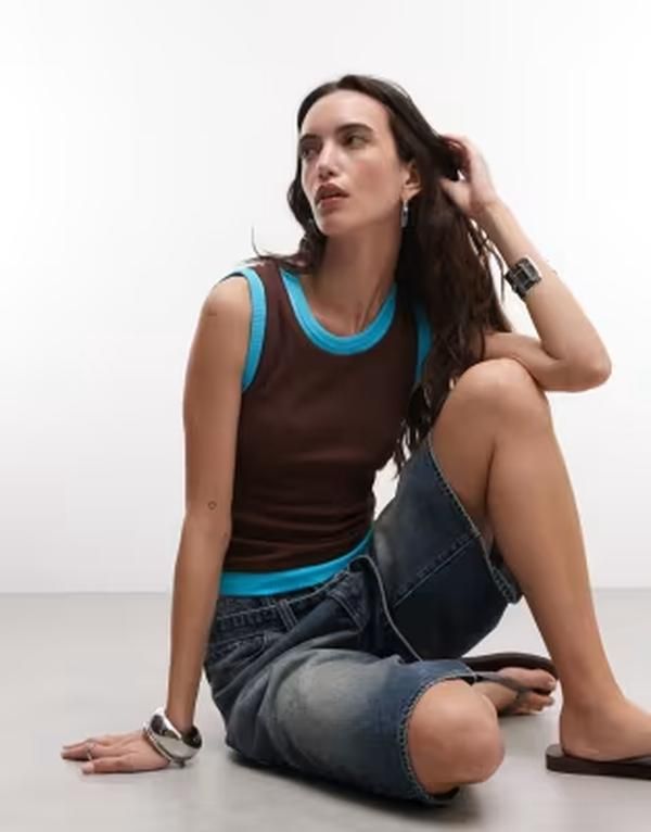 エイソス レディース トップス ベスト リブ ASOS DESIGN faux double layeribbed tank top in choc Brown Mix ブラウン