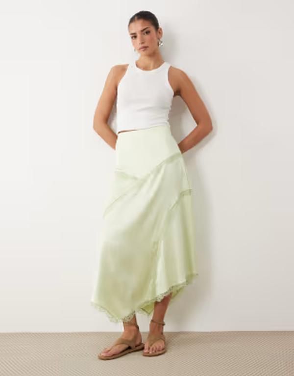 エイソス レディース ボトムスカート アシンメトリー サテン レース マキシ ASOS DESIGN satin asymmetric maxi skirt with lace detail in matcha green グリーン