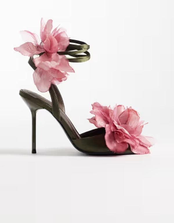 エイソス レディース シューズ サンダル ヒール ASOS DESIGNigella oversized flower detailing tie leg higheel sandals in olive and Greenred レッド