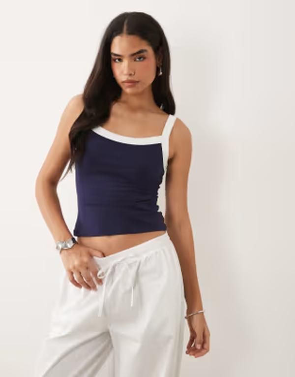 グッドアメリカン レディース トップス シャツ コントラスト Good American contrastrim super stretch tank top and BLUE ブルー