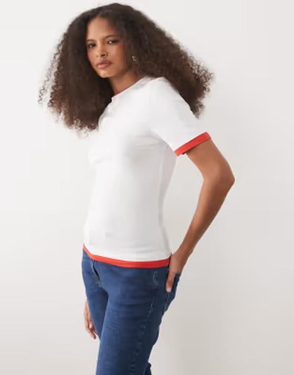 エイソス レディース トップス Tシャツ ASOS DESIGN short sleeve double layer top White red ホワイト