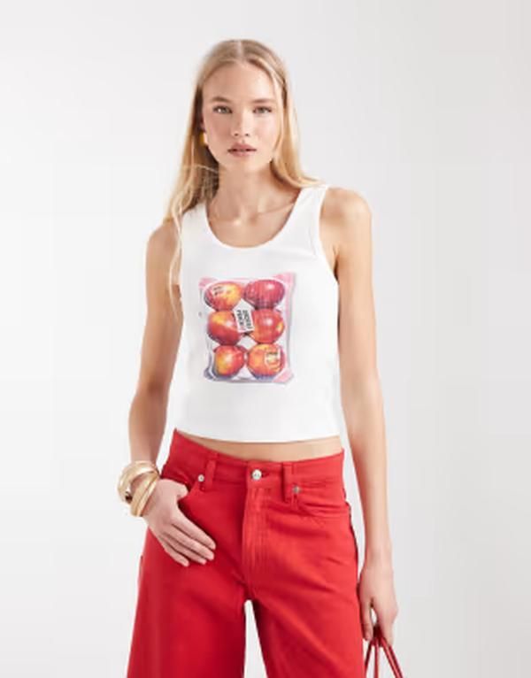 エイソス レディース トップス ベスト リブ グラフィック ASOS DESIGN Ribbed tank top with peaches graphic WHITE ホワイト