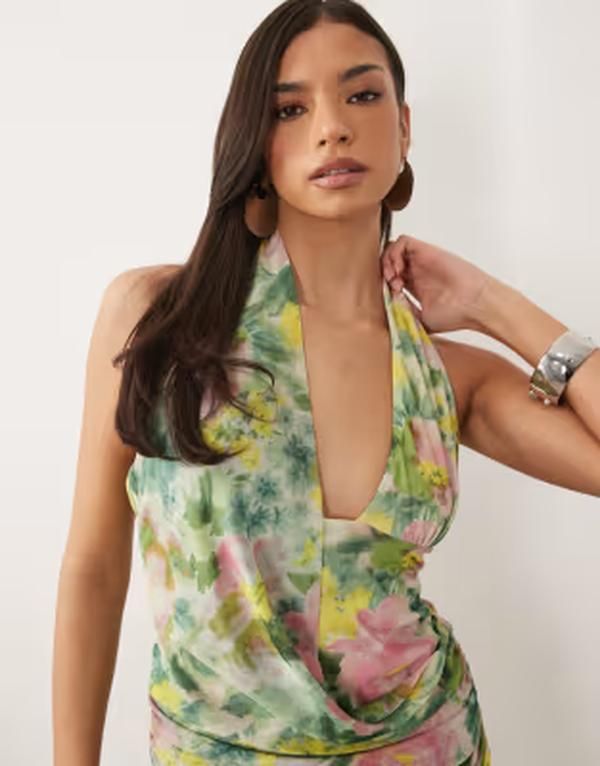 エイソス レディース トップス シャツ フラワー柄 プリント メッシュ フラワー ホルター ASOS DESIGN printed mesh scarf detail halter top in floral print Green floral グリーン