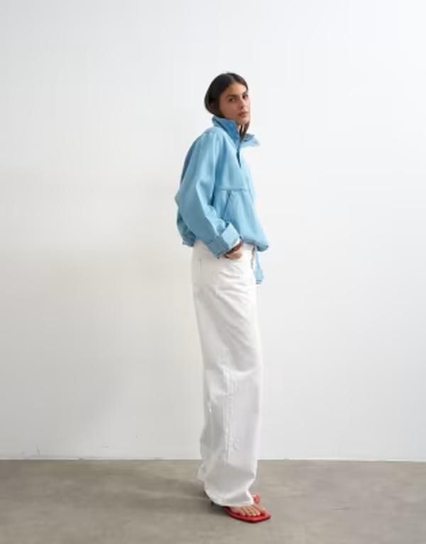トップショップ レディース アウター ニット・セーター スタンドネック デニム Topshop denim funnel neck bubble hem top in bleach デニム