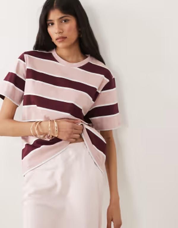 ノーバディーズ チャイルド レディース トップス Tシャツ Nobodys Child boxy fitshirt and burgundy stripe MULTI PINK STRIPE ピンク