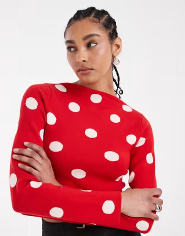 エイソス レディース トップス Tシャツ ドット ニット ASOS DESIGN fine knit slash neck topolka dots Red spot レッド