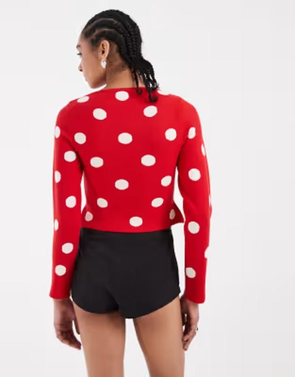 エイソス レディース トップス Tシャツ ドット ニット ASOS DESIGN fine knit slash neck topolka dots Red spot レッド