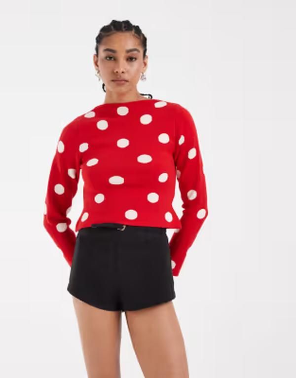 エイソス レディース トップス Tシャツ ドット ニット ASOS DESIGN fine knit slash neck topolka dots Red spot レッド