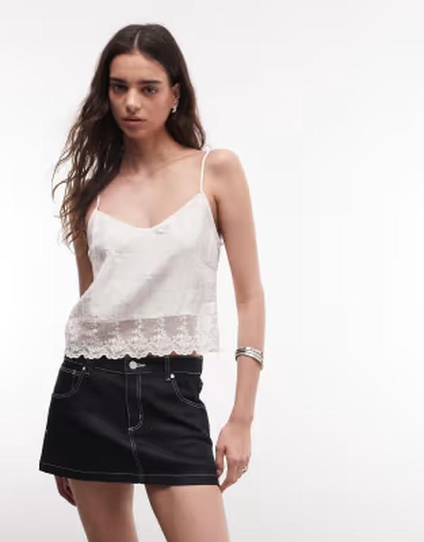 モンキ レディース トップス シャツ レーストリム サテン レース Monki crinkle satin cami top with lace trim Ivory アイボリー