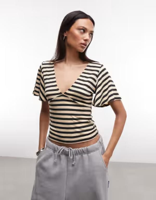 コルージョン レディース トップス Tシャツ Vネック COLLUSION deep Vneck batwing top in stripe Multi マルチカラー半袖(Tシャツ)