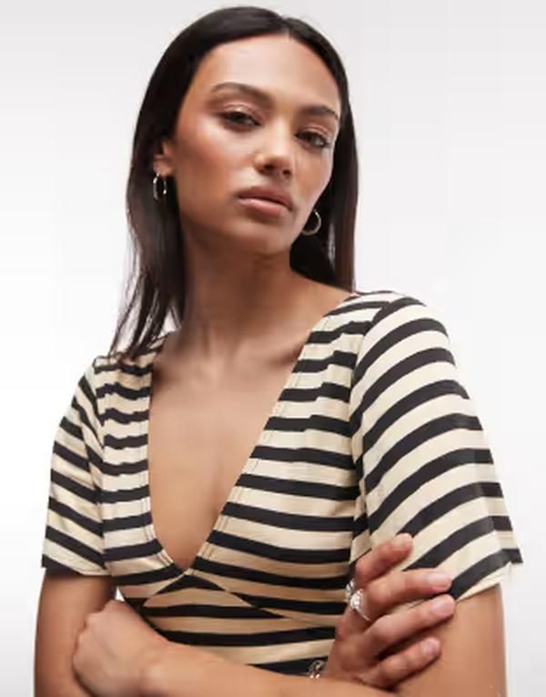 コルージョン レディース トップス Tシャツ Vネック COLLUSION deep Vneck batwing top in stripe Multi マルチカラー