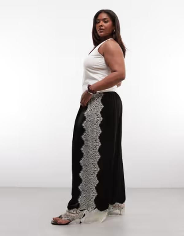 エイソス レディース ボトムス カジュアルパンツ ワイドレッグ サテン レース ASOS DESIGN Curve satin wide leg pants with lace Black ブラック