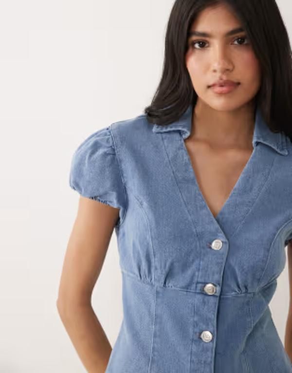 ミスセルフフリッジ レディース トップス シャツ デニム キャップ Misselfridge denim cap sleeve shirt in mid blue wash light wash デニム